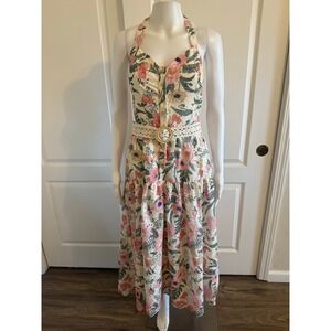 A.Peach Floral Eyelet Halter Midi Dress with Crochet Belt Cream Pink